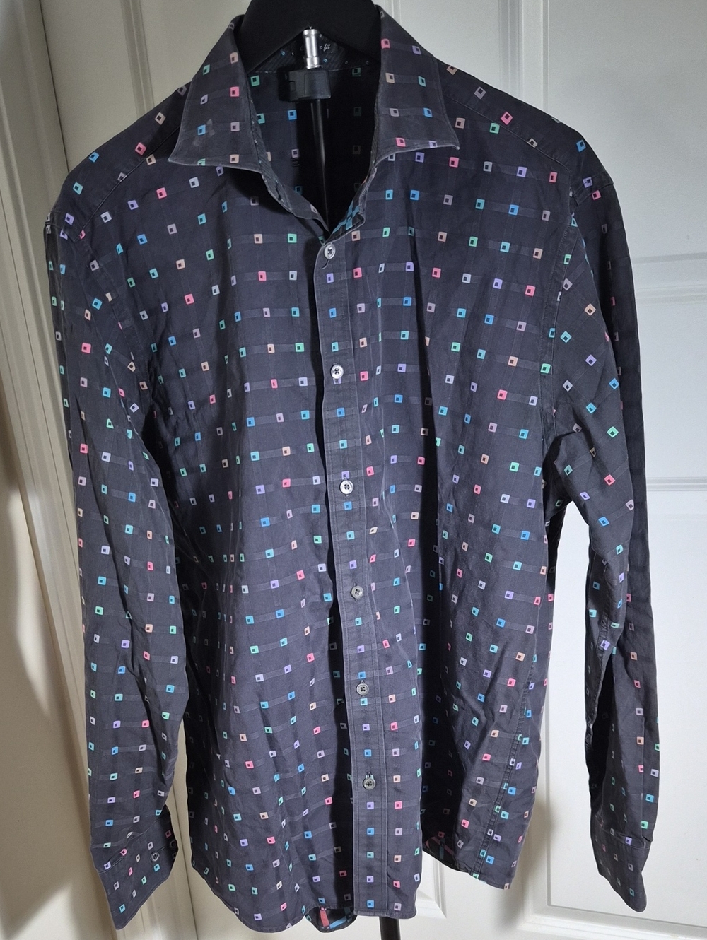 Bugatchi Black Long-Sleeve Button-Up Shirt with Multicolor Square Print